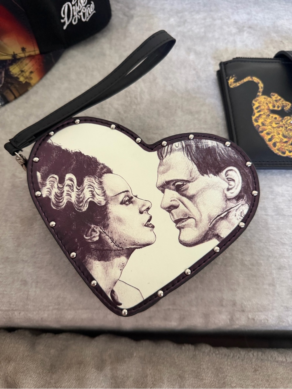 Heart-Shaped Frankenstein Couple Wristlet in Purple and White